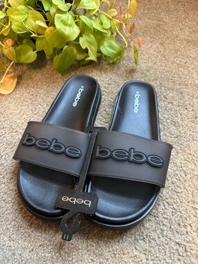 bebe Black Logo Slide Sandals with Raised Brand Strap